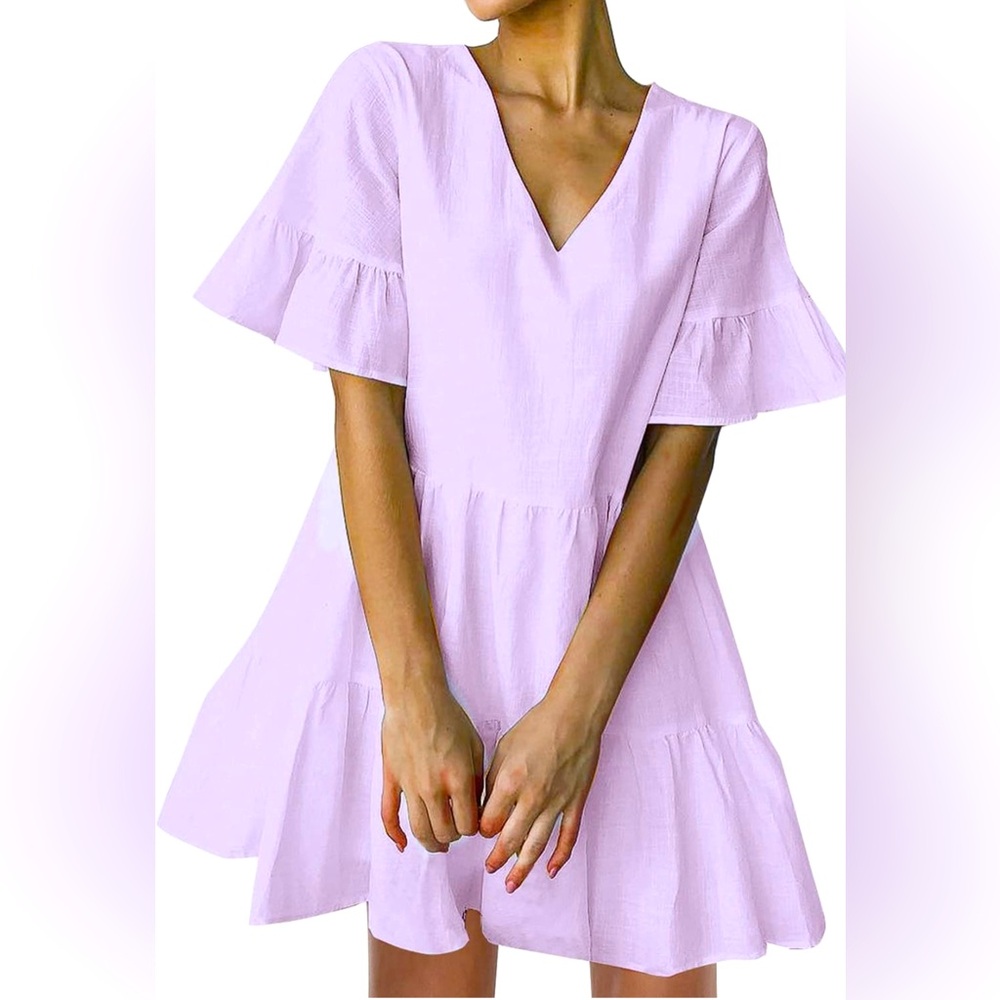 Fancyinn V-Neck Shift Dress Pockets Bell Sleeve Ruffle Hem Lilac Swing Dress